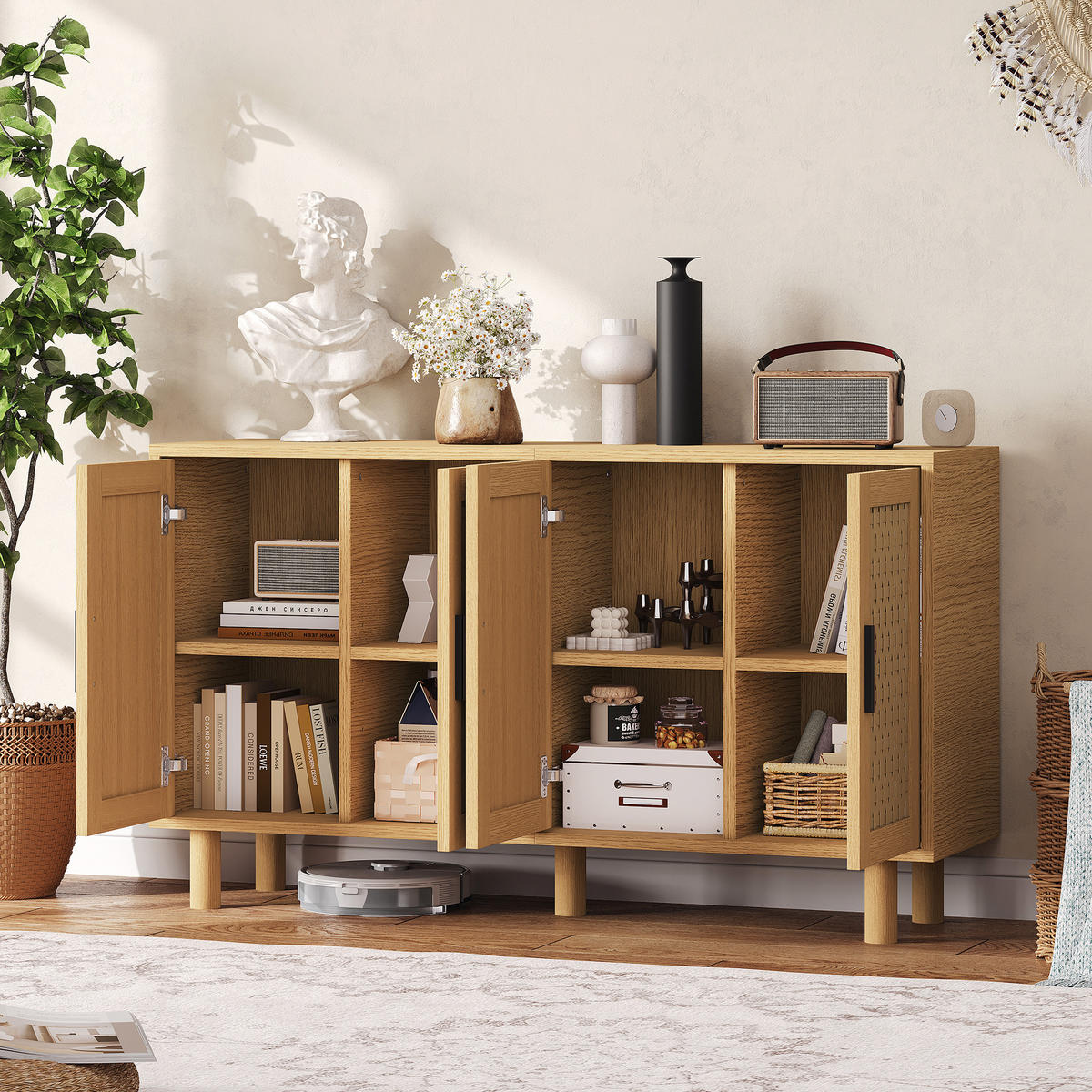 SIDEBOARD in Eichenoptik mit 4 Türen & Rattan-Imitation - Eichefarben, Holzwerkstoff (40/80/140cm) - SHOPENTRA