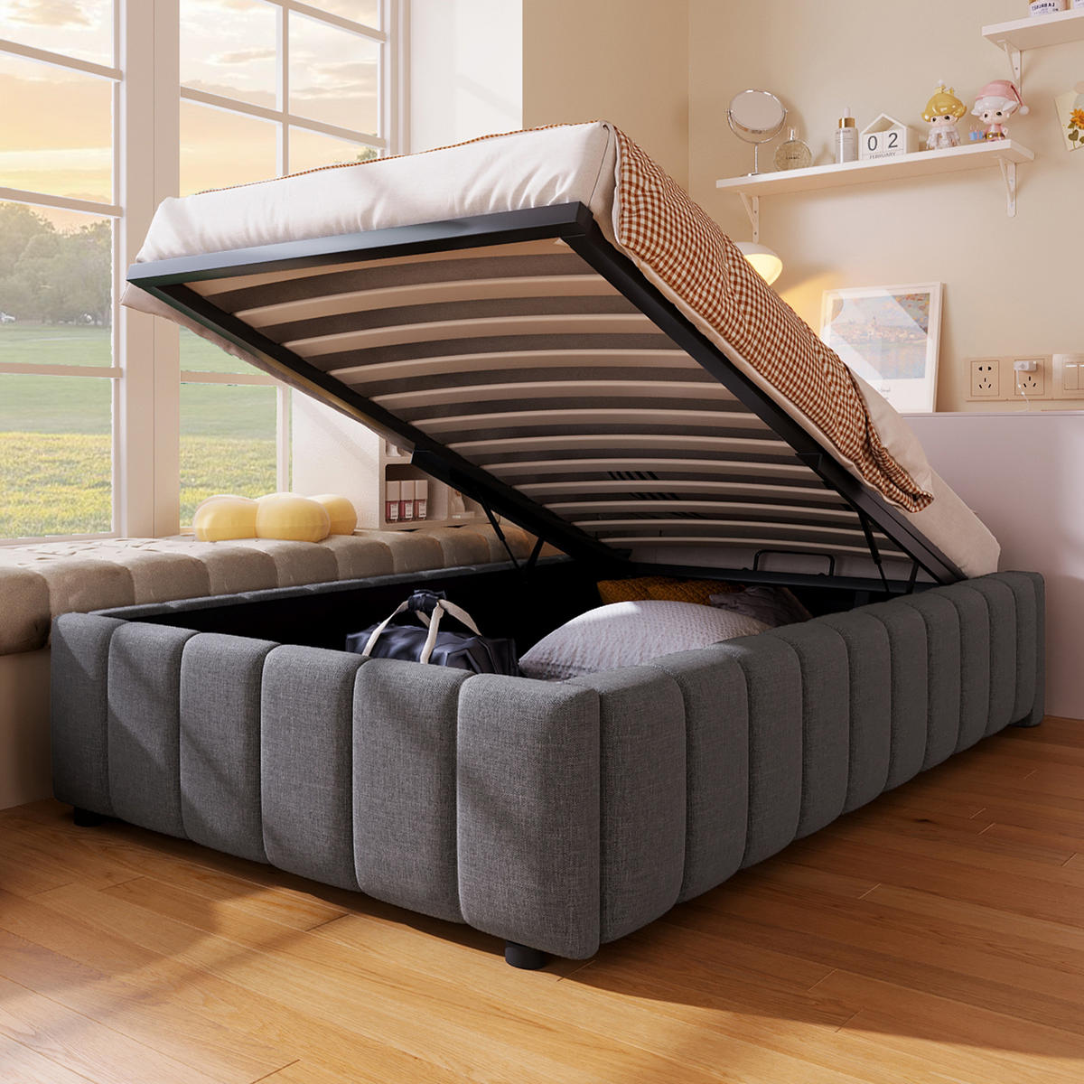 POLSTERBETT 90/200 cm Grau aus Leinen mit hydraulischem Stauraum ohne Kopfteil - Grau, Textil (90/200cm) - OKWISH