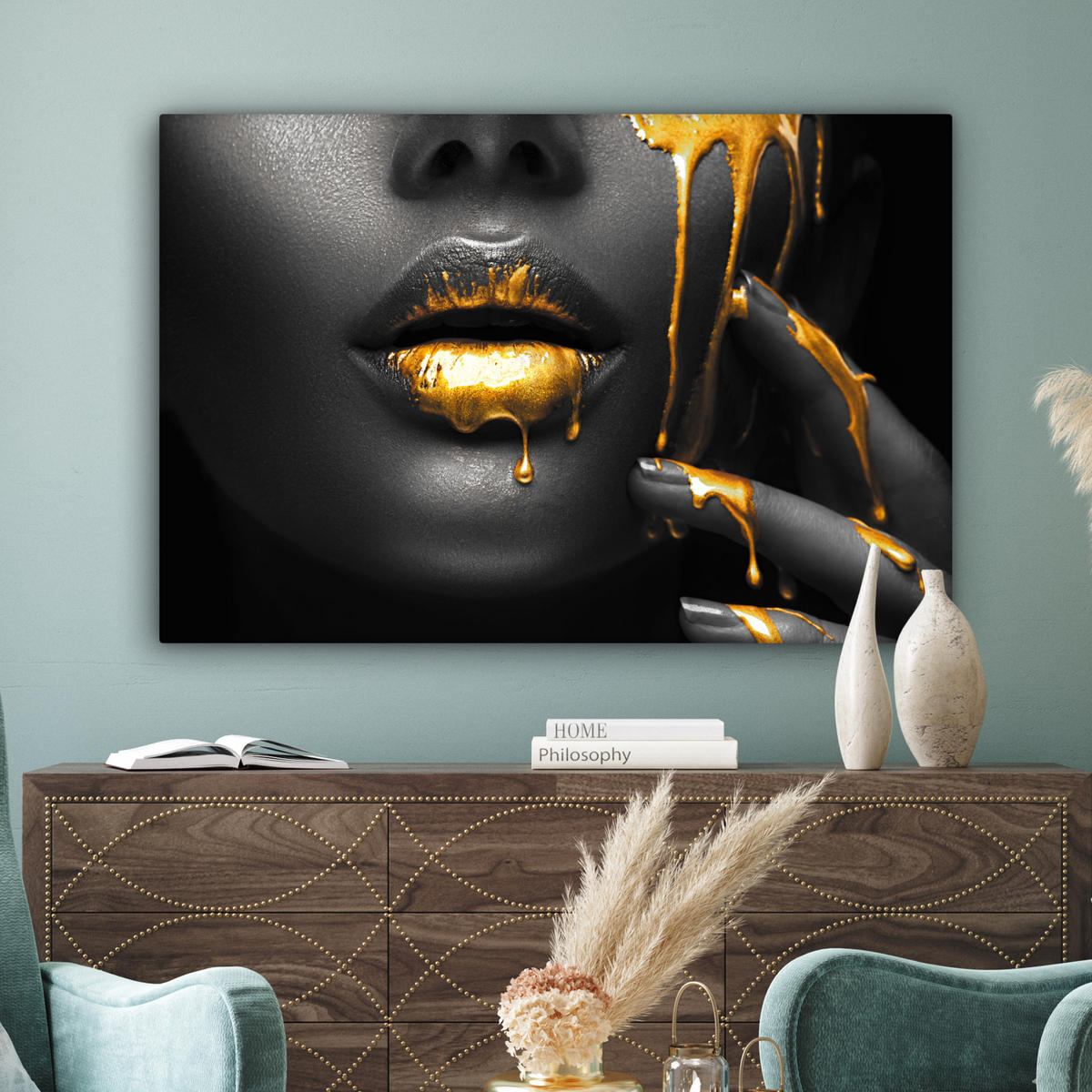 LEINWANDBILD Frau - Schwarz - Gold - Gesicht - Lippen XXL 150x100 cm - Goldfarben, Textil (150/100cm) - MuchoWow