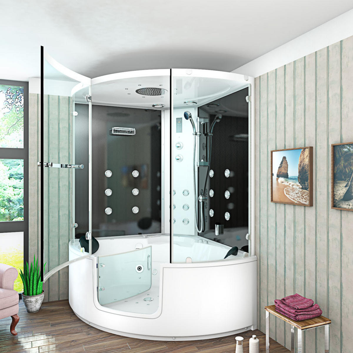 DAMPFDUSCHE Whirlpool K60-SW-EH-SC - Schwarz, Glas/Kunststoff (140/140/210cm) - AcquaVapore by Sandra Jentho