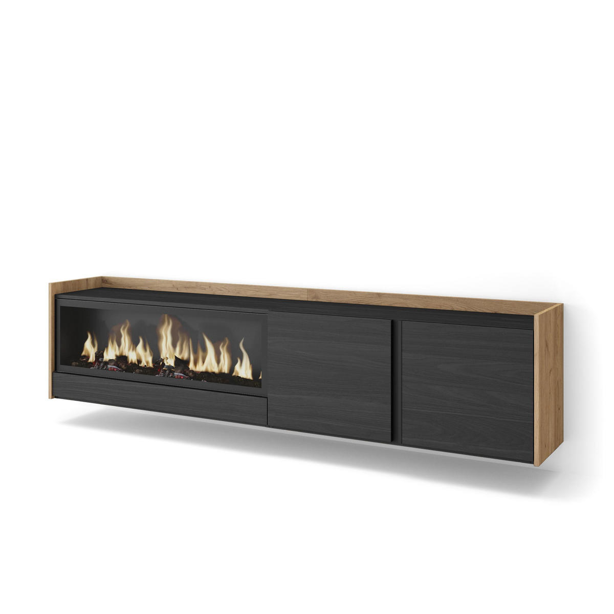 LOWBOARD, Schwarz und Eiche, 212/35/50cm, Kamin mit Feuereffekt XXL - Schwarz, Holzwerkstoff (212/50/35cm) - Skraut Home