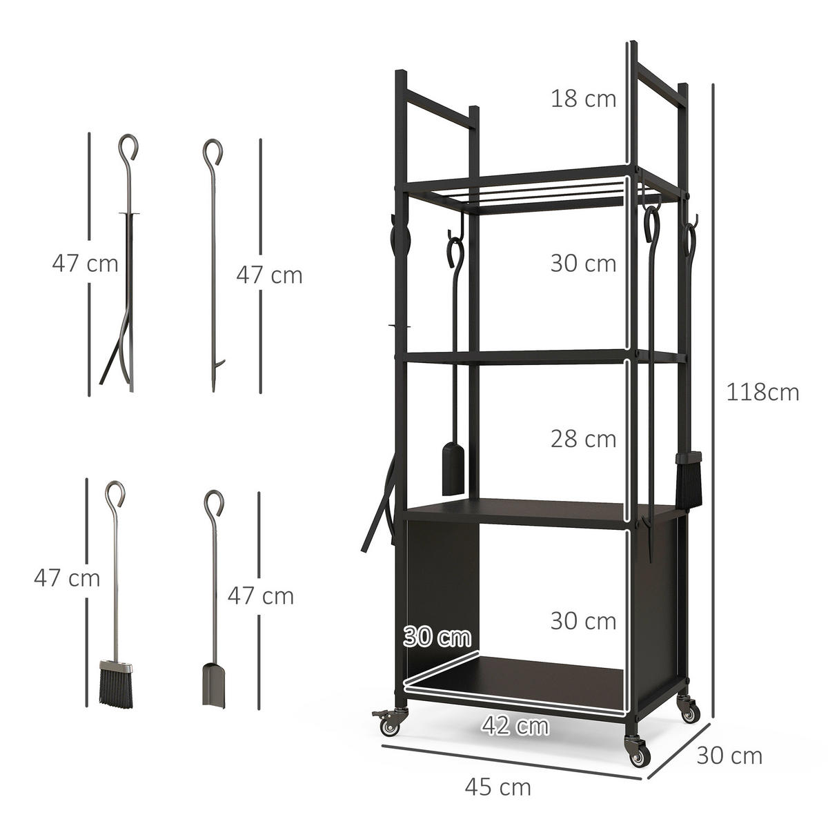 KAMINHOLZREGAL DE-18361 4-stufig mit Rollen & 4 Kaminwerkzeugen Schwarz - Schwarz, Metall (30/118/45cm) - ComfortXL