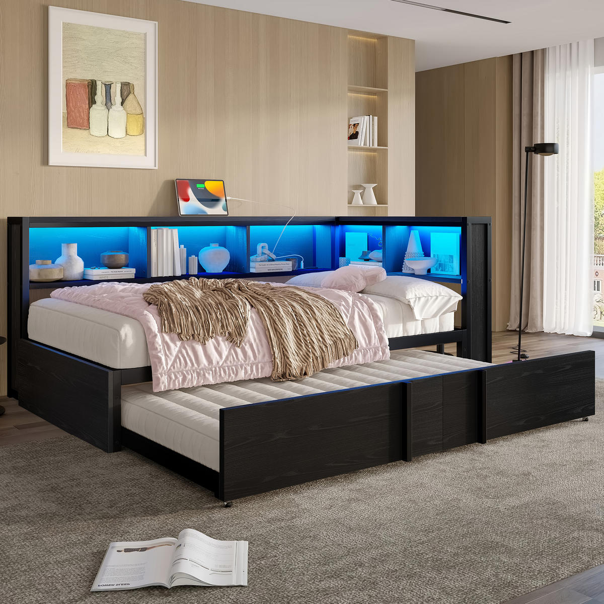 RAHMENBETT 90x200cm, Metall, Ausziehbett, Stauraum, LED, USB, Schwarz - Schwarz, Holzwerkstoff (90/200cm)