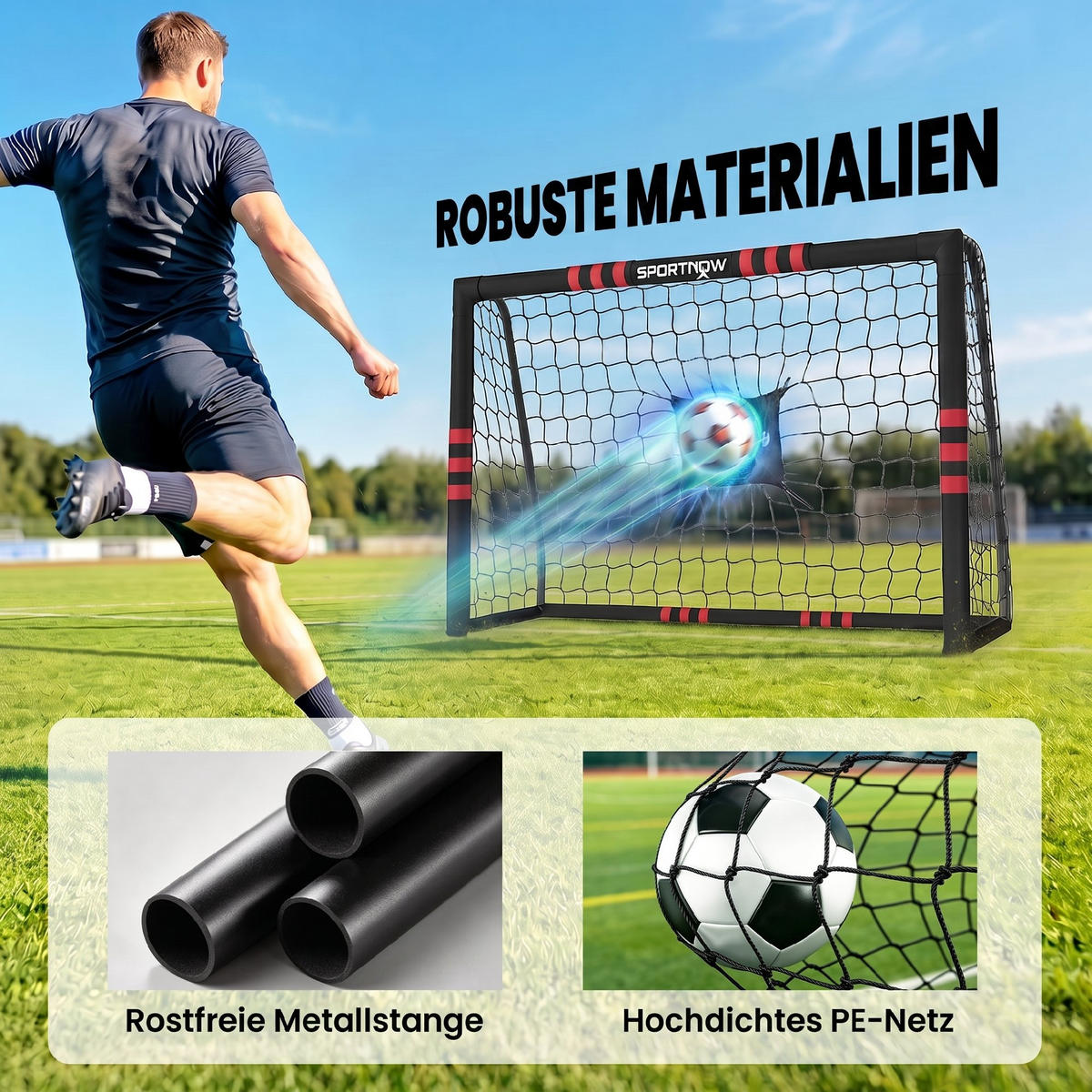 FUSSBALLTOR Metall PE Schwarz Rot - Schwarz, Metall (60/180cm) - SPORTNOW