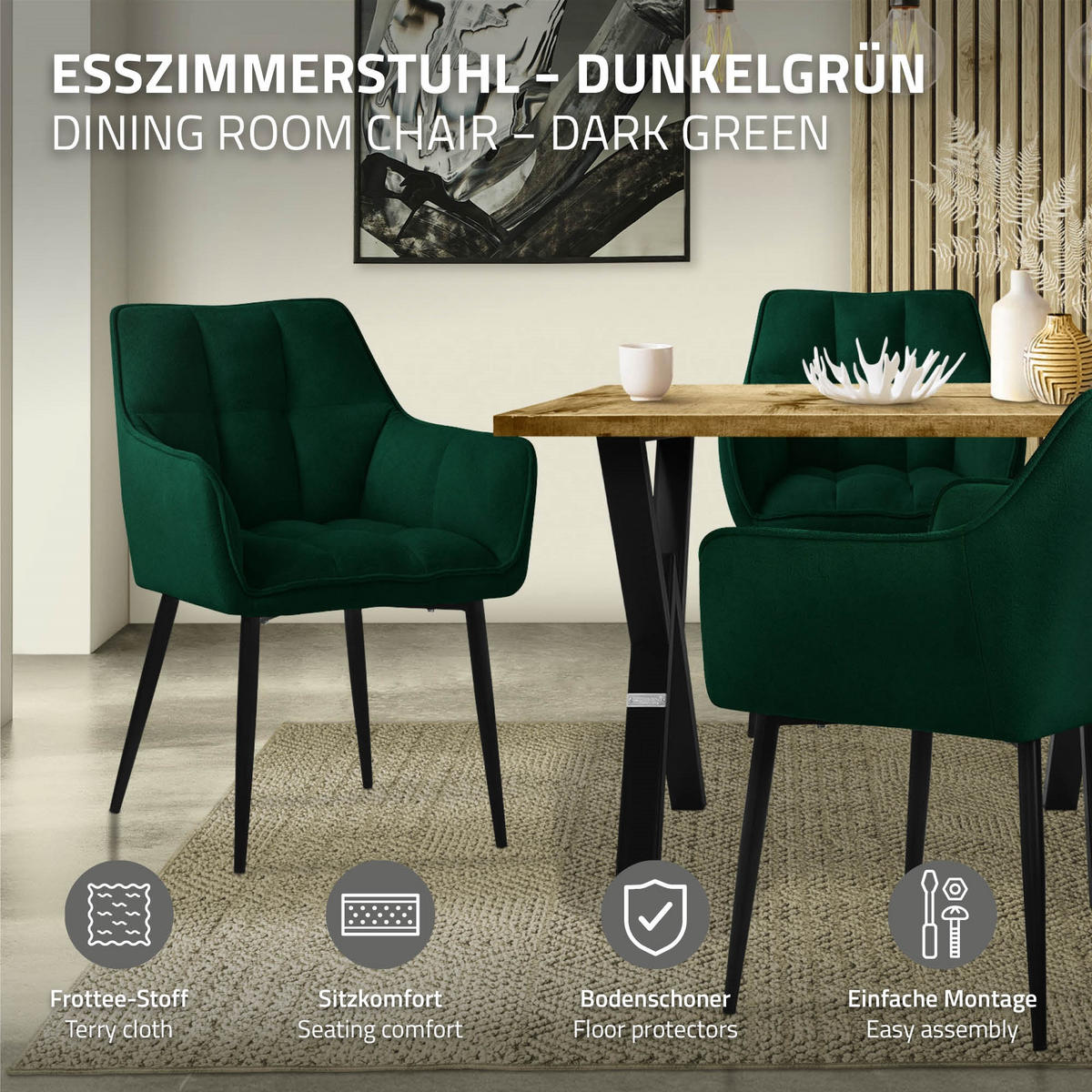 JÍDELNÍŽIDLA, SADA 6 KS, tmavě zelená froté látka - černá/tmavě zelená, kov/textil (63/90/57cm) - ML-DESIGN