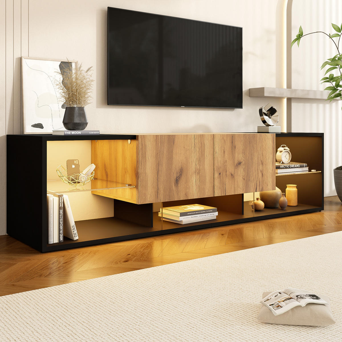 TV-SCHRANK 160/40/42 cm Schwarz mit LED und 2 Schubladen - Schwarz, Holzwerkstoff (160/42/40cm) - Oxeza