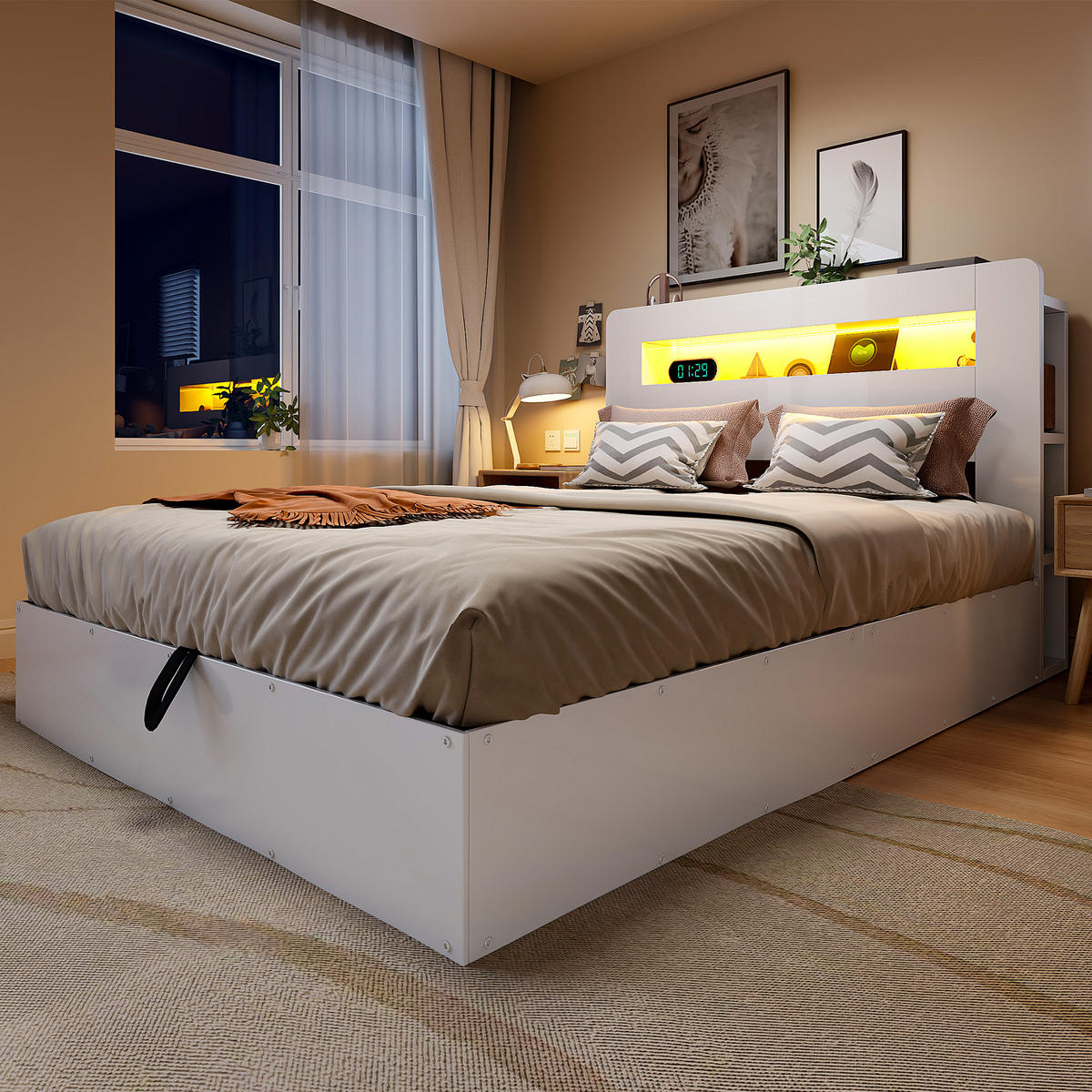 BETT 140/200 cm in Weiß mit Bettkasten, LED, Steckdosen und Kopfteilfächern - Weiß, Holz/Holzwerkstoff (140/200cm) - WISHDOR