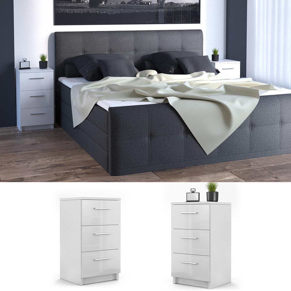 NACHTTISCH Weiß Hochglanz 38 x 66 cm 2er Set - Weiß Hochglanz, Holzwerkstoff (38/66/35cm) - Vicco