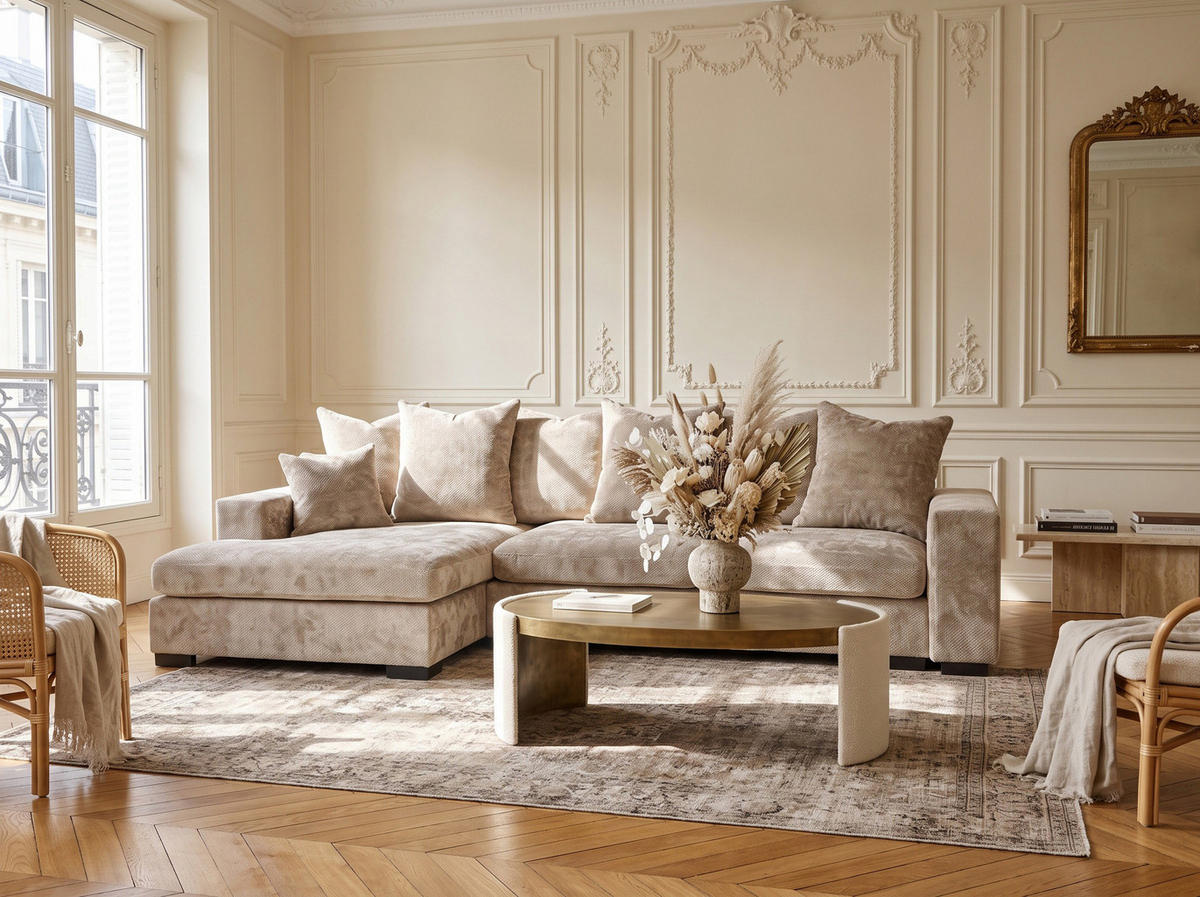 ECKSOFA Dahlia mit Schlaffunktion und Bettkasten in L-Form Links - Beige Chenille 285/92/155 cm - Beige/Schwarz, Kunststoff/Textil (285/155cm) - WFL GROUP