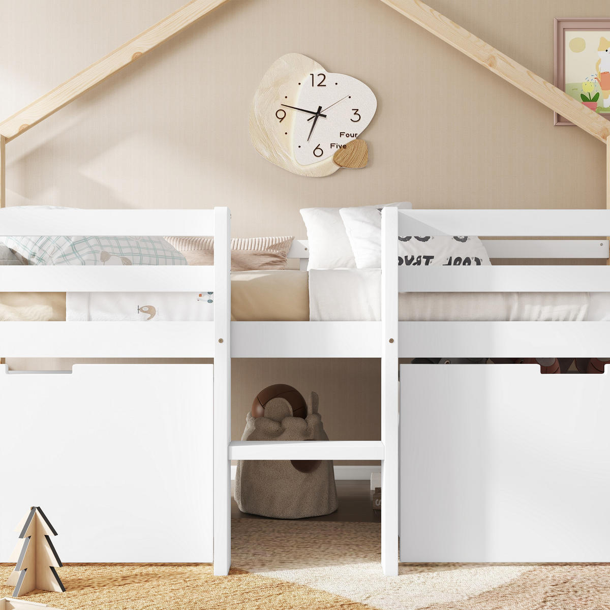 HAUSBETT 90/200 cm mit Dach und Stauraum in Weiß und Natur aus Kiefer + MDF - Weiß, Holzwerkstoff (90/200cm) - OKWISH