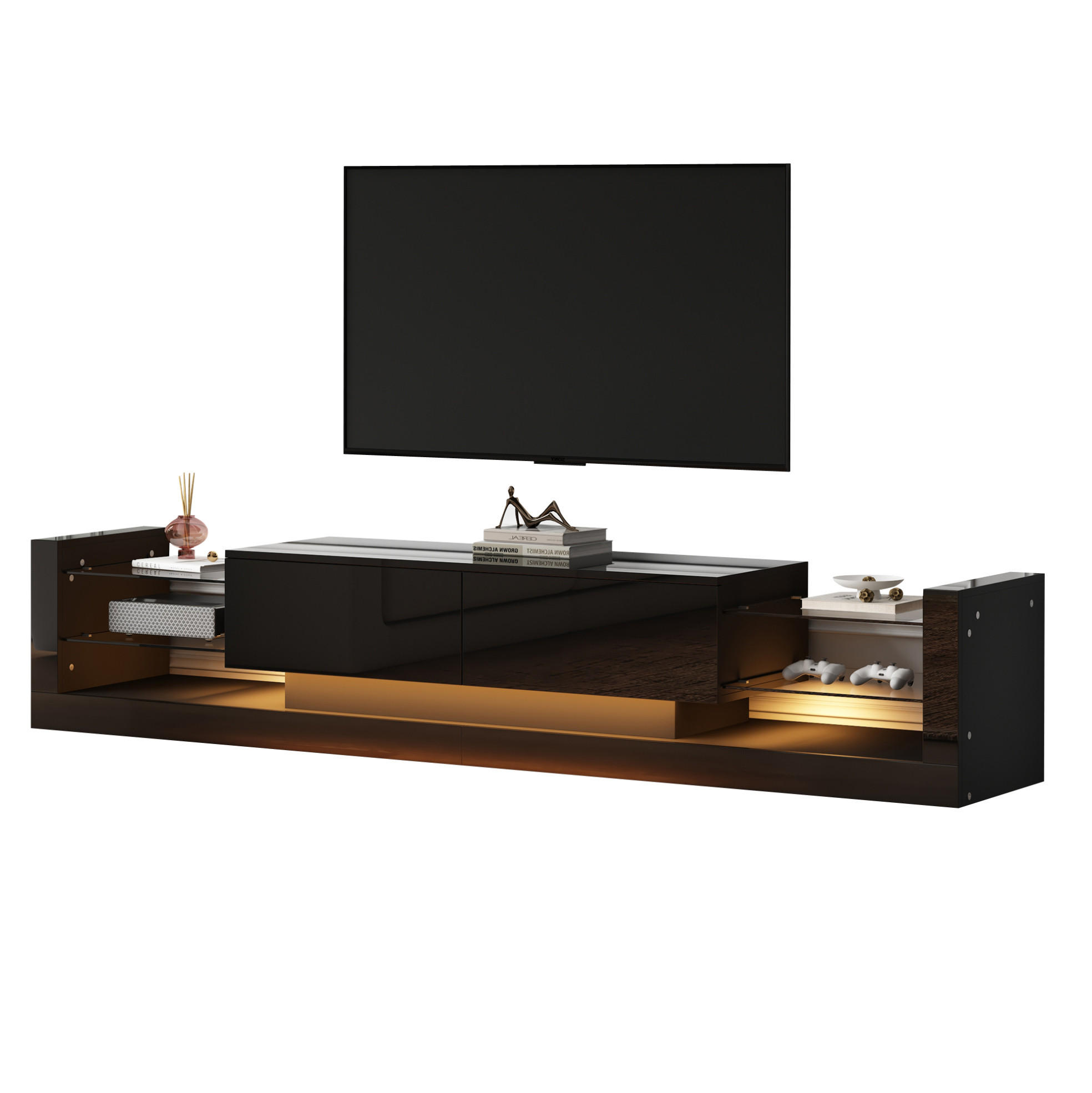 TV ormarić 181/38/38 cm crni od iverice s LED rasvjetom i staklenom frontom - crna, drvni materijal (181/38/38cm) - OKWISH
