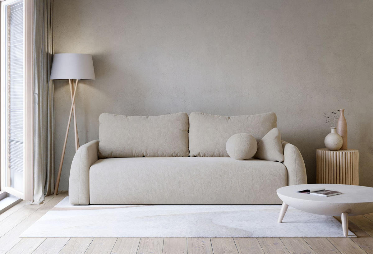 3-SITZER SOFA Nubelle Hellbeige Chenille-Bezug, wasserabweisend - Ecru/Schwarz, Kunststoff/Textil (244/85/93cm) - Selsey