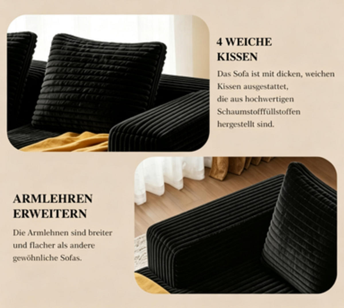 ECKSCHLAFSOFA aus Cord 261x168x58 cm mit Chaiselongue und ohne Montage, schwarz - Schwarz, Textil (261/168cm) - Luhomfu