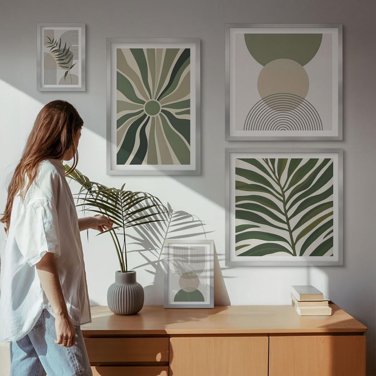 WANDBILDER 5er Set - 50x50 cm & 20x30 cm & 40x60 cm Silberner Rahmen - Abstrakte Blätter im Boho-Stil - Silberfarben, Kunststoff (40/60cm) - ArtPrintCave