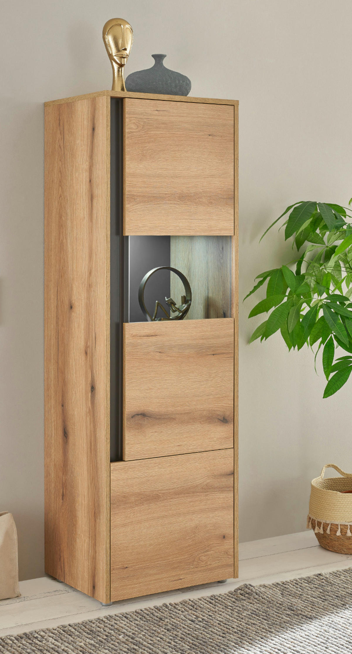 VITRINE Evoke Eiche, grau 50 x 155 cm, Vitrinenschrank 2-türig - Eichefarben/Schwarz, Glas/Holz (50/2/40cm) - Furn.Design