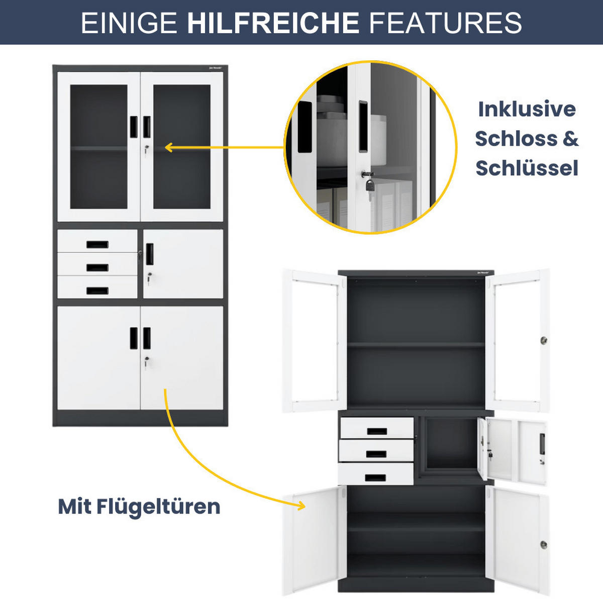 VITRINENSCHRANK abschließbar GEDO mit Tresor 185x90x40cm Anthrazit-Weiß - Anthrazit, Metall (90/185/40cm) - DELUKE