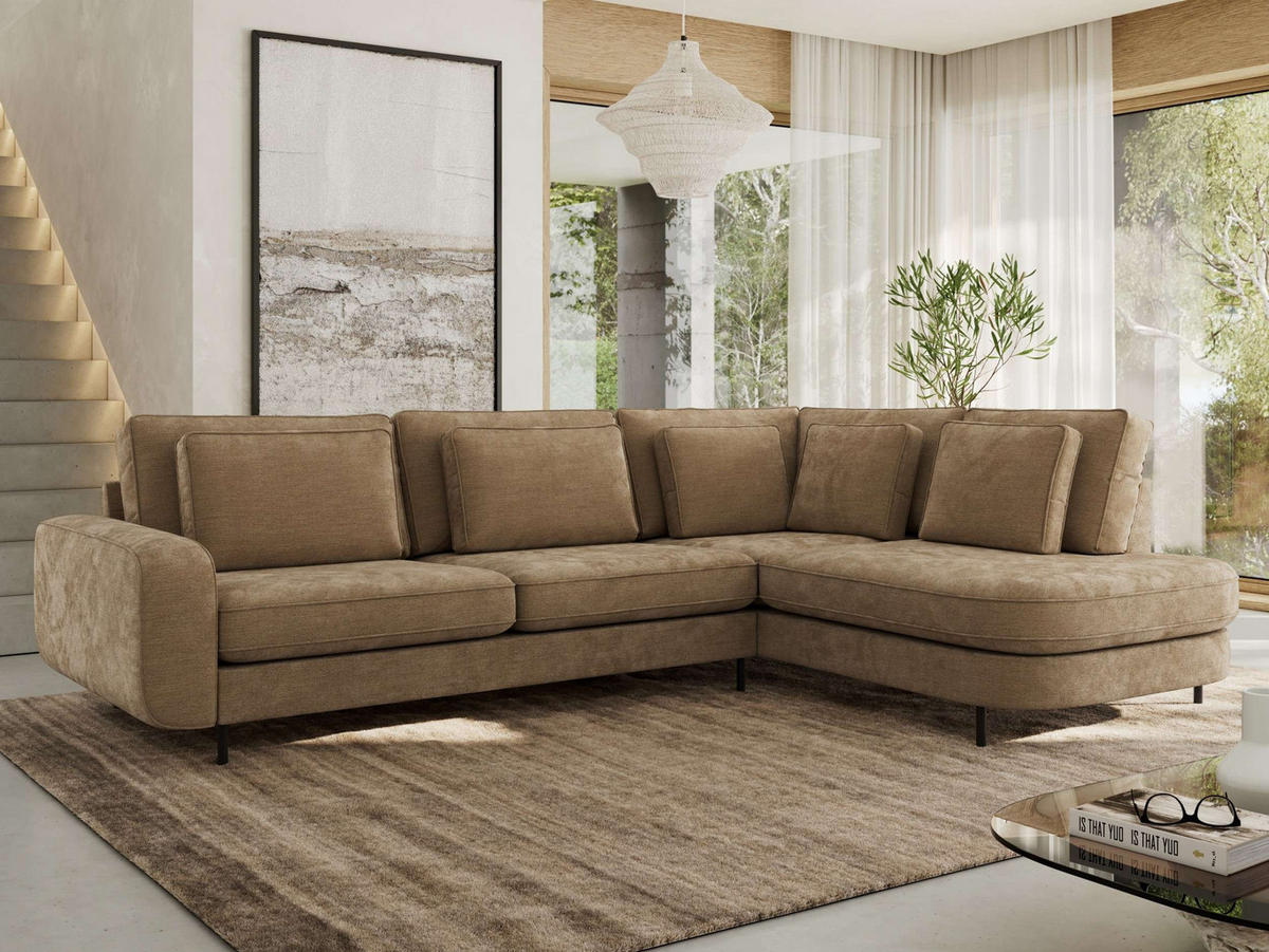 ROHOVÁ SEDAČKA CALENO L - Hnědá Hrubě tkaná žinylka - Levá Strana - černá/hnědá, kov/textil (317/225cm) - MKS