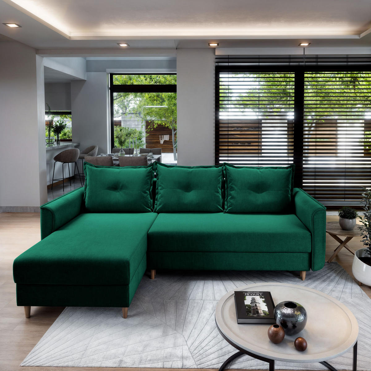 ECKSOFA PISAN R-S Grün Plüsch-Stoff mit Schlaffunktion - Grün, Holz (220/140cm) - MASSENO