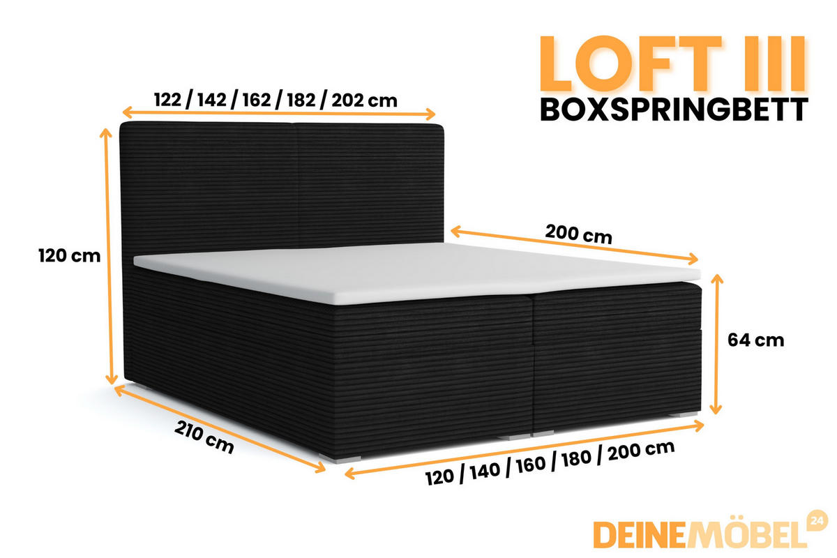 BOXBETT LOFT III 180/200 Cord Schwarz mit Taschen-Federkernmatratzen 7 Zonen H4 - Schwarz, Holz/Holzwerkstoff (180/200cm) - Deine Möbel 24