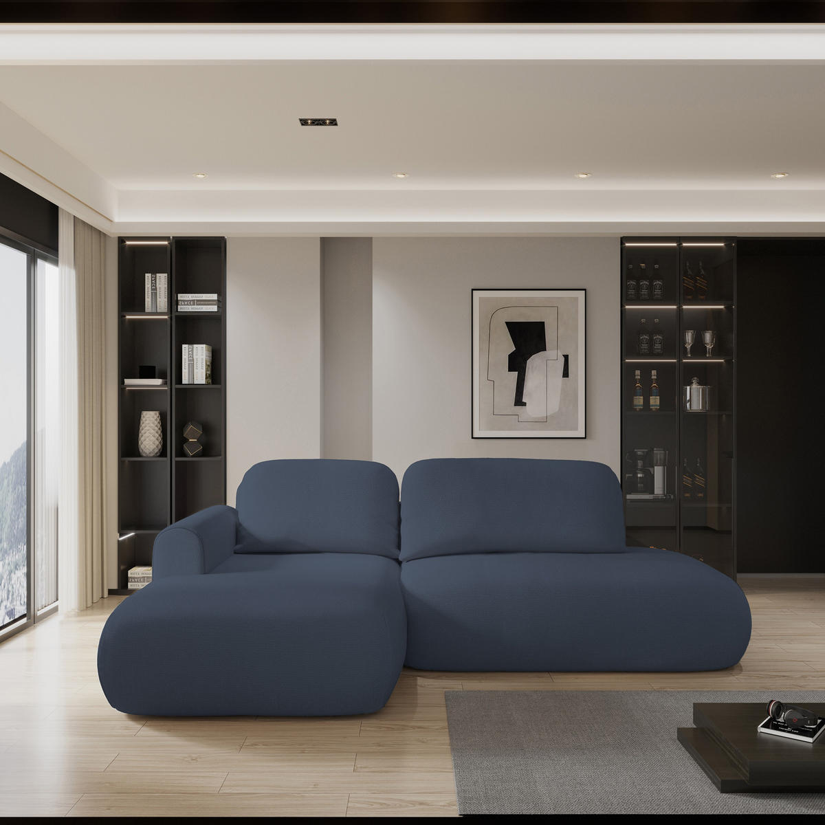 ECKSOFA NUVIRA L-S Blau Geflochtener Stoff mit Schlaffunktion - Blau, Holz (274/165cm) - MASSENO