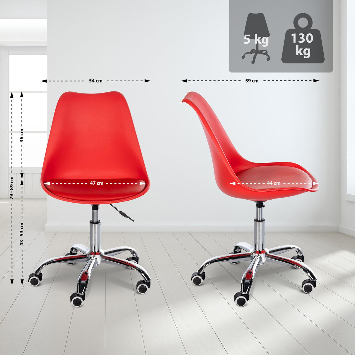 HOCKER Kunststoff rot - Chromfarben/Rot, Kunststoff/Metall (51/78/55cm) - CLP