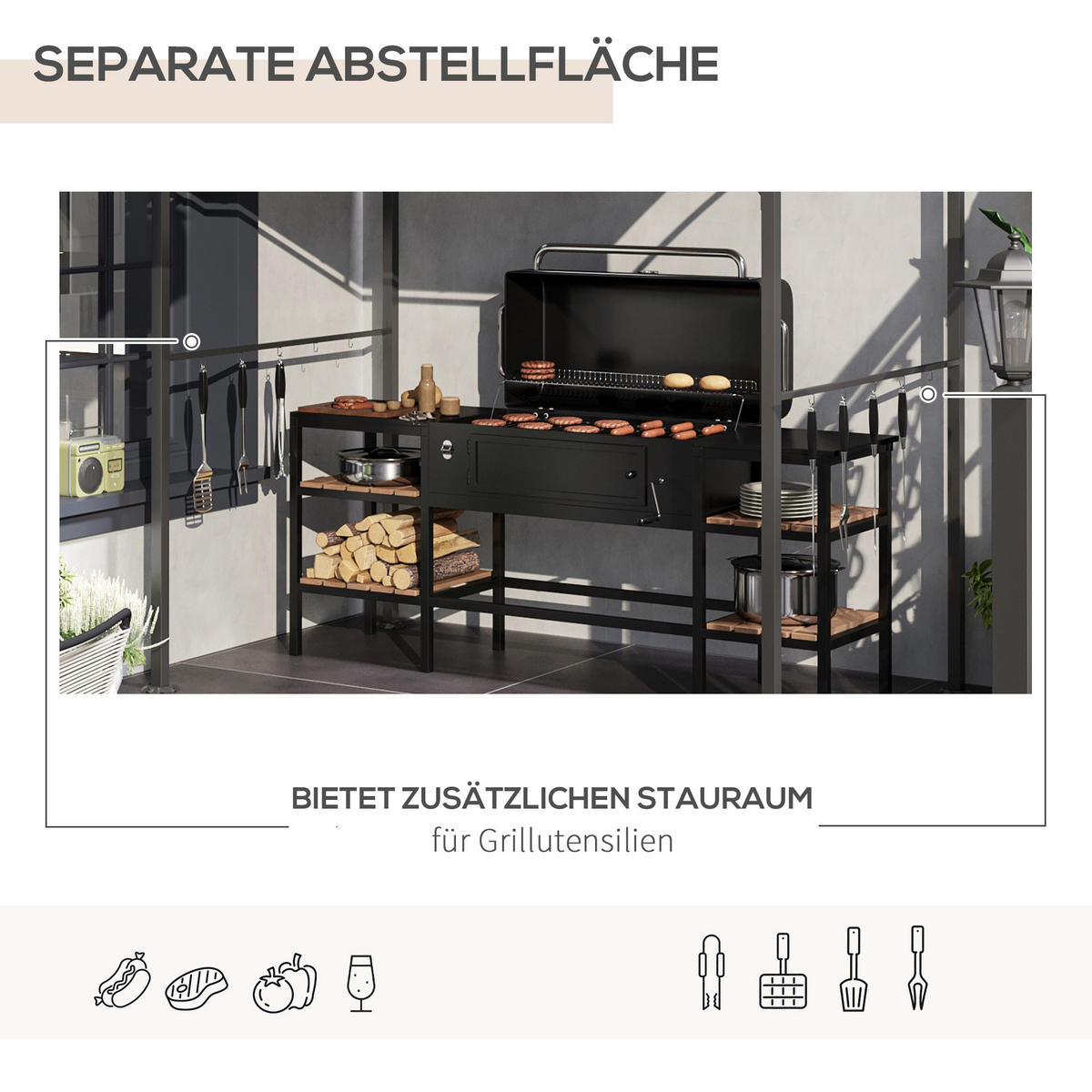 GRILLPAVILLON, Polyester, Beige+Schwarz - Beige/Schwarz, Kunststoff/Metall (150/220/215cm) - Outsunny
