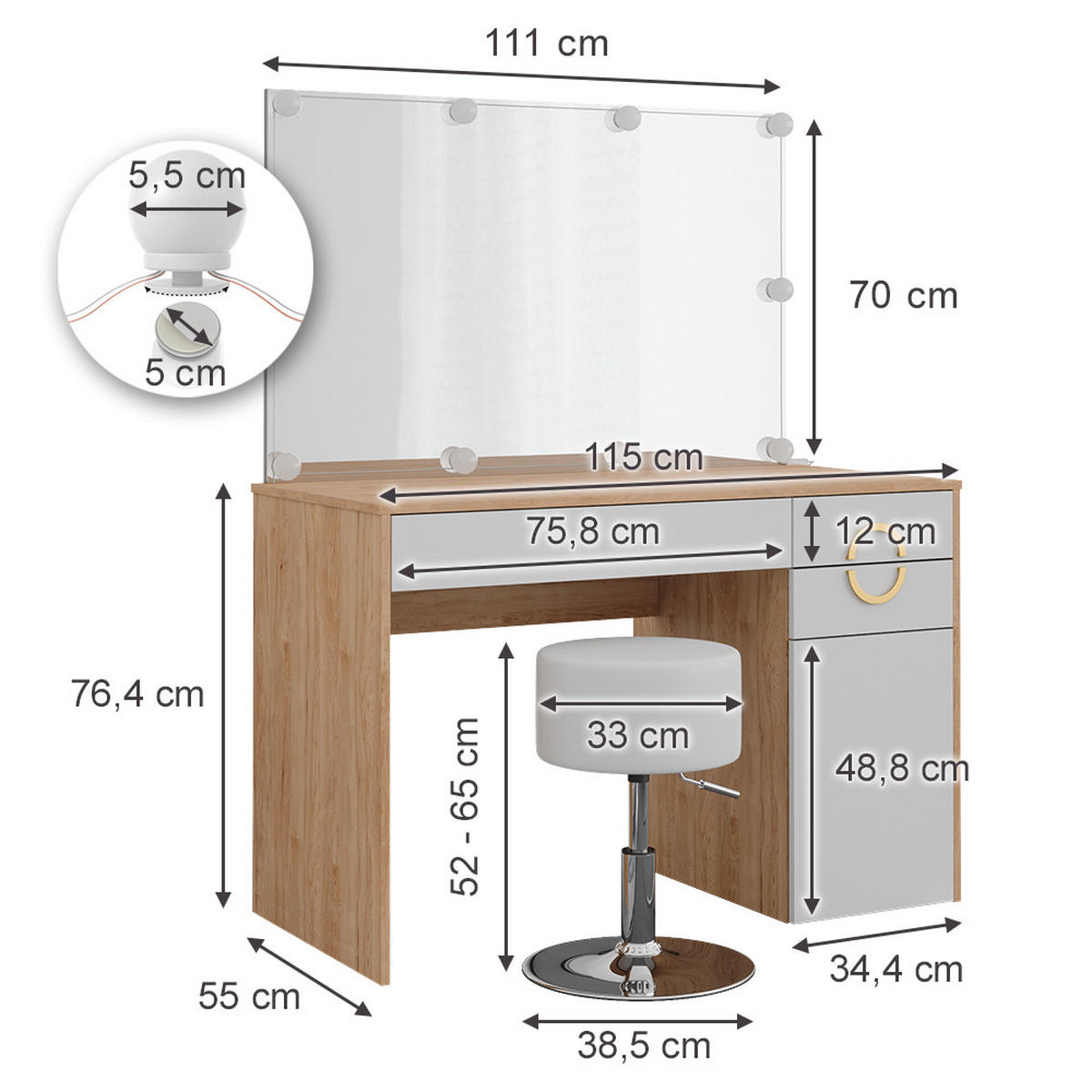 SCHMINKTISCH Adela Natural Rockford Hickory 115 cm LED-Beleuchtung und Hocker - Weiß/Sonoma Eiche, Holzwerkstoff (115/76.4/55cm) - Vicco