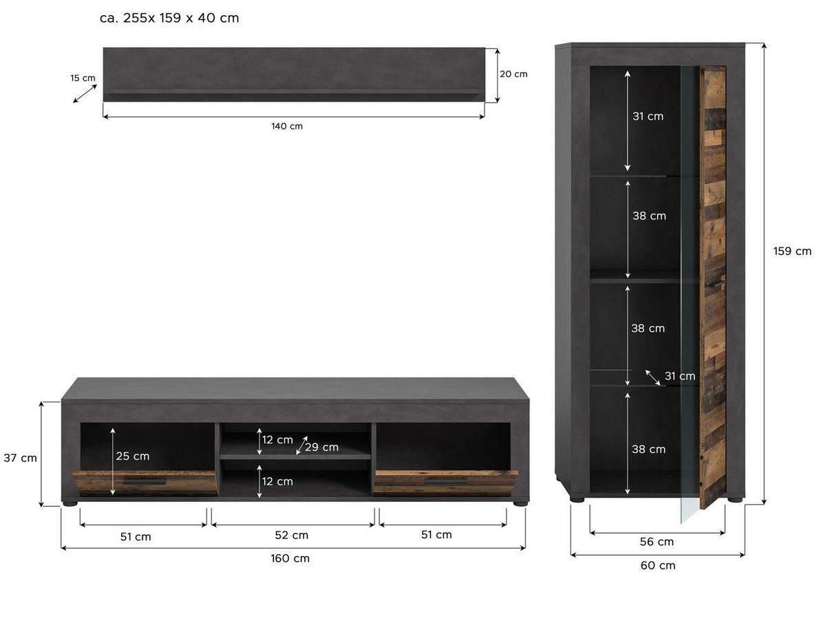 WOHNKOMBINATION JAM (B/H/T: ca. 235/159/40 cm) in Matera/Old Wood Nachbildung - Naturfarben, Holzwerkstoff (235/159/40cm)