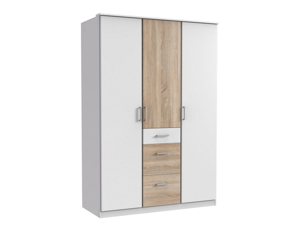 KLEIDERSCHRANK Click in Weiß mit Eiche Sägerau - Drehtürenschrank 135 cm Breite ohne Spiegel - Weiß, Holzwerkstoff (135/199/58cm)