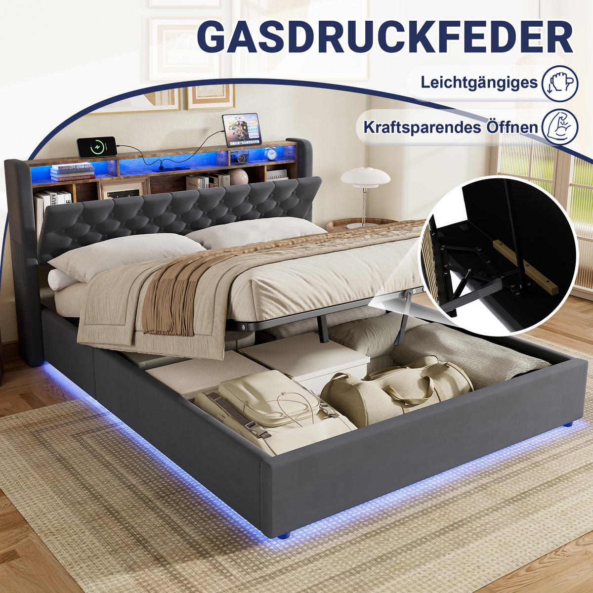 POLSTERBETT 160x200 mit Bettkasten & LED Beleuchtung,mit klappbarem Kopfteil,Grau - Grau, Holzwerkstoff/Textil (160/200cm) - EVRYAE