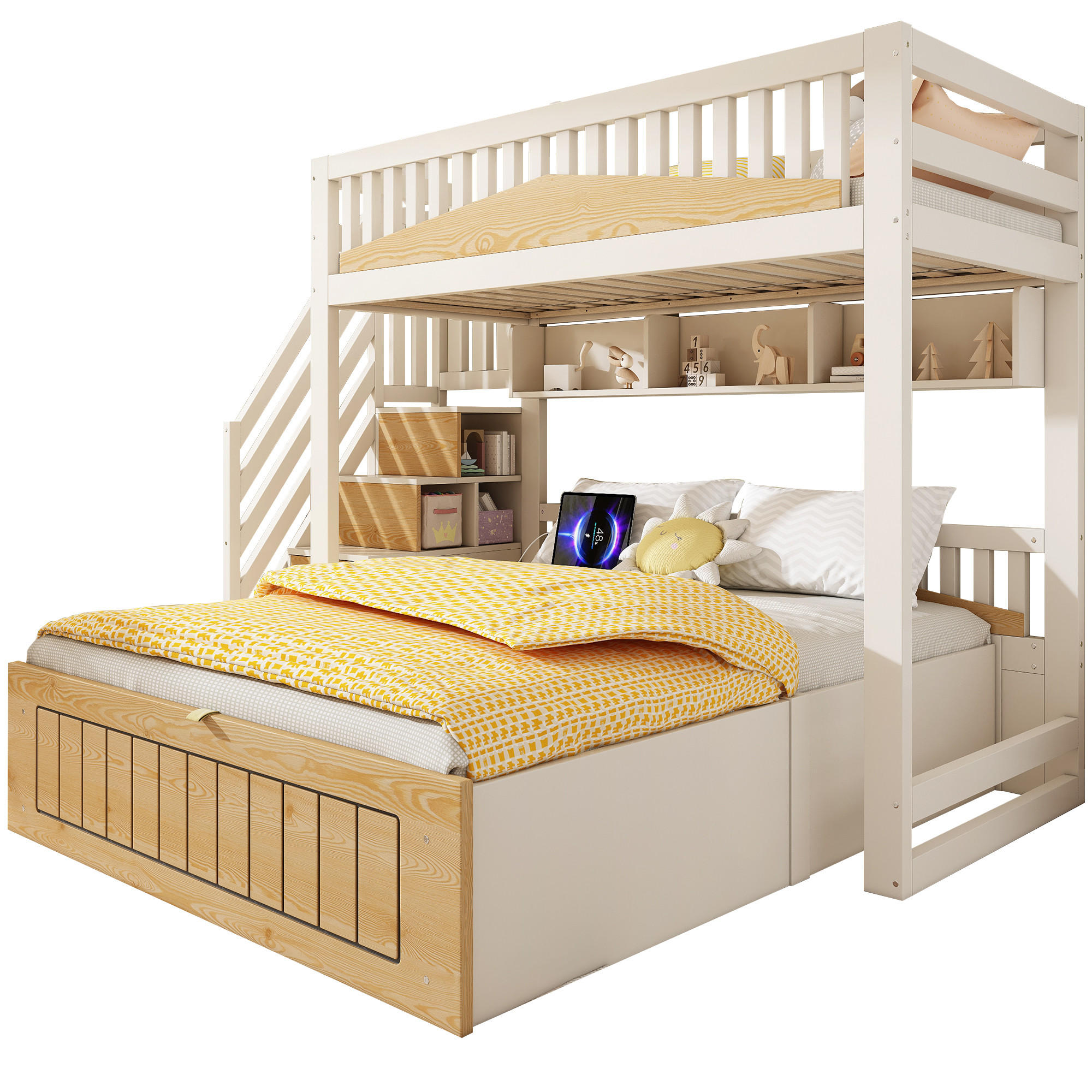 STILVORA ETAGENBETT 90/200 cm & 140/200 cm in Weiß & Natur Kinderbett mit Stauraum, Treppenschrank und USB-C