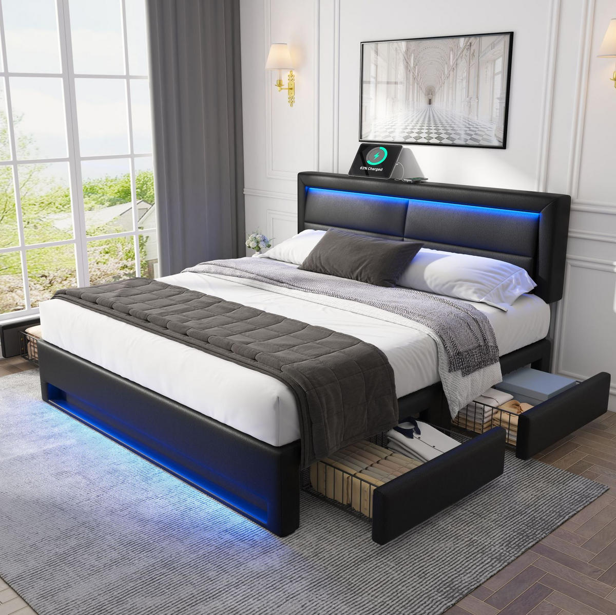 POLSTERBETT mit USB, LED und 4 Schubladen 140x200 cm PU Schwarz - Schwarz, Metall (140/200cm) - Meubliv