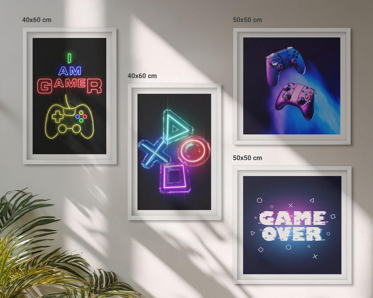 WANDBILDER 4er-Set - 50x50 cm & 40x60 cm Weißer Rahmen - Gamepads, Spielersymbol-Untertitel - Weiß, Kunststoff (50/50cm) - ArtPrintCave