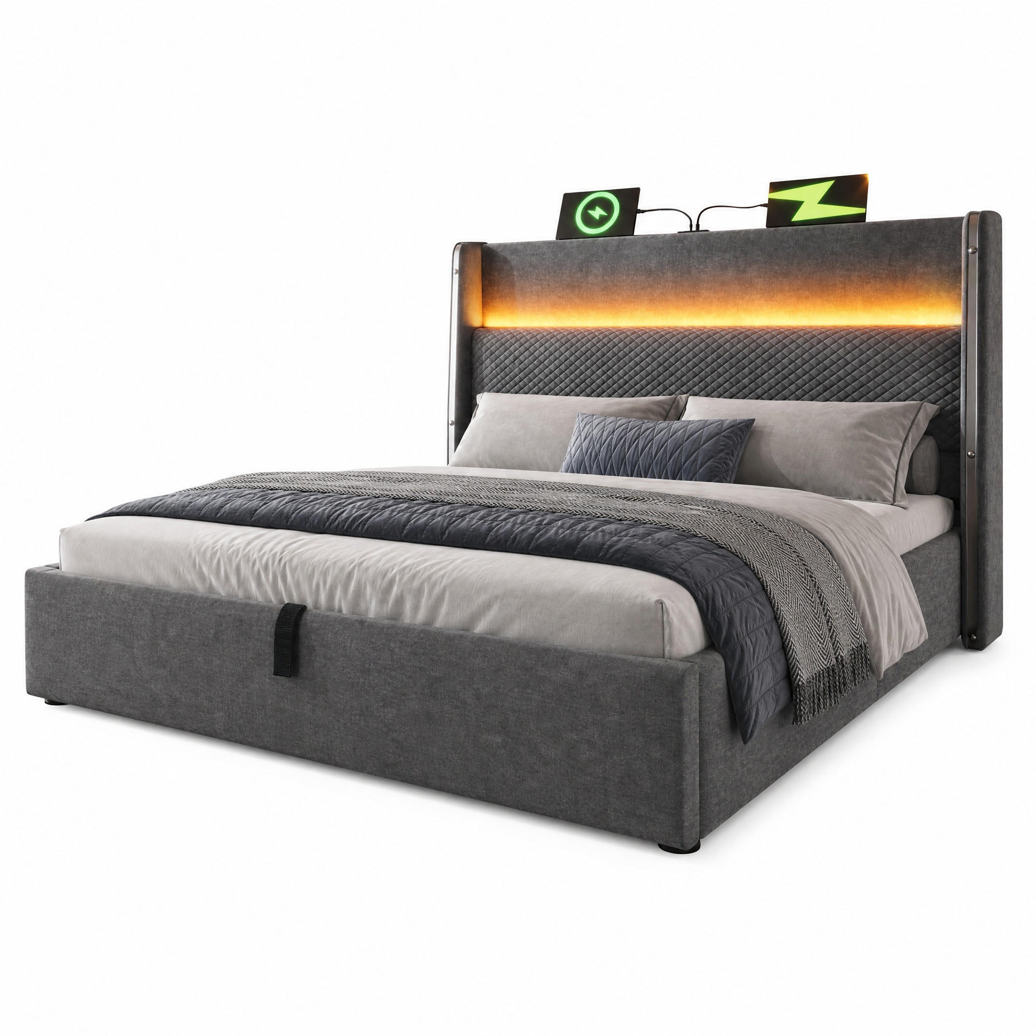 POLSTERBETT 160/200 cm in Grau mit Bettkasten, LED und USB Type-C Leinen Design - Grau, Holzwerkstoff/Textil (160/200cm) - STILVORA
