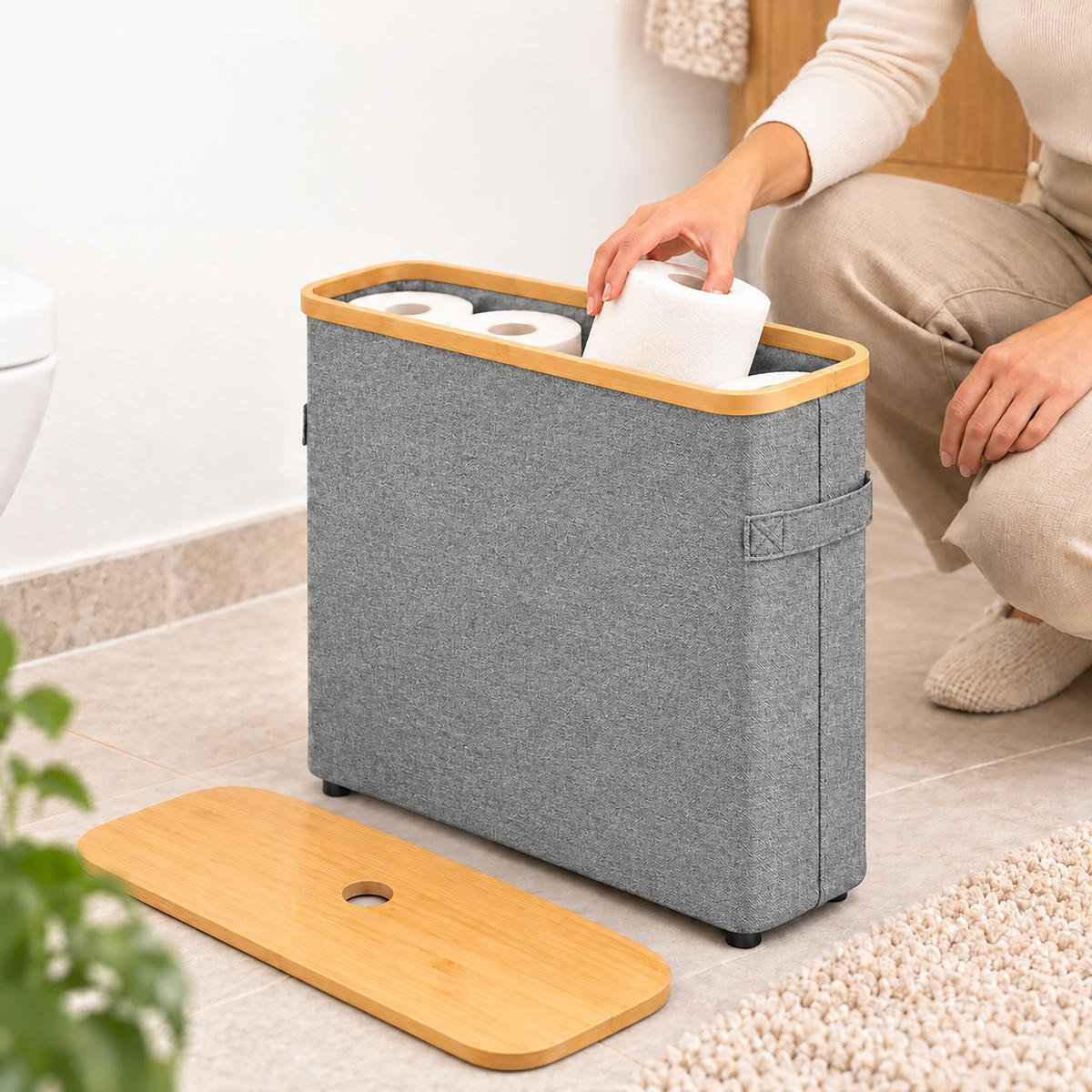 TOILETTENPAPIERBOX Grau Bambus 16 Rollen - Grau, Holz/Kunststoff (45/50/15cm) - Relaxdays