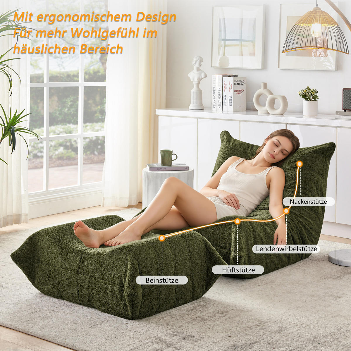LAZY SOFA Teddyfell Optik mit Hocker weich & ergonomisch - Grün, Textil (100/70/90cm) - Urban Meuble