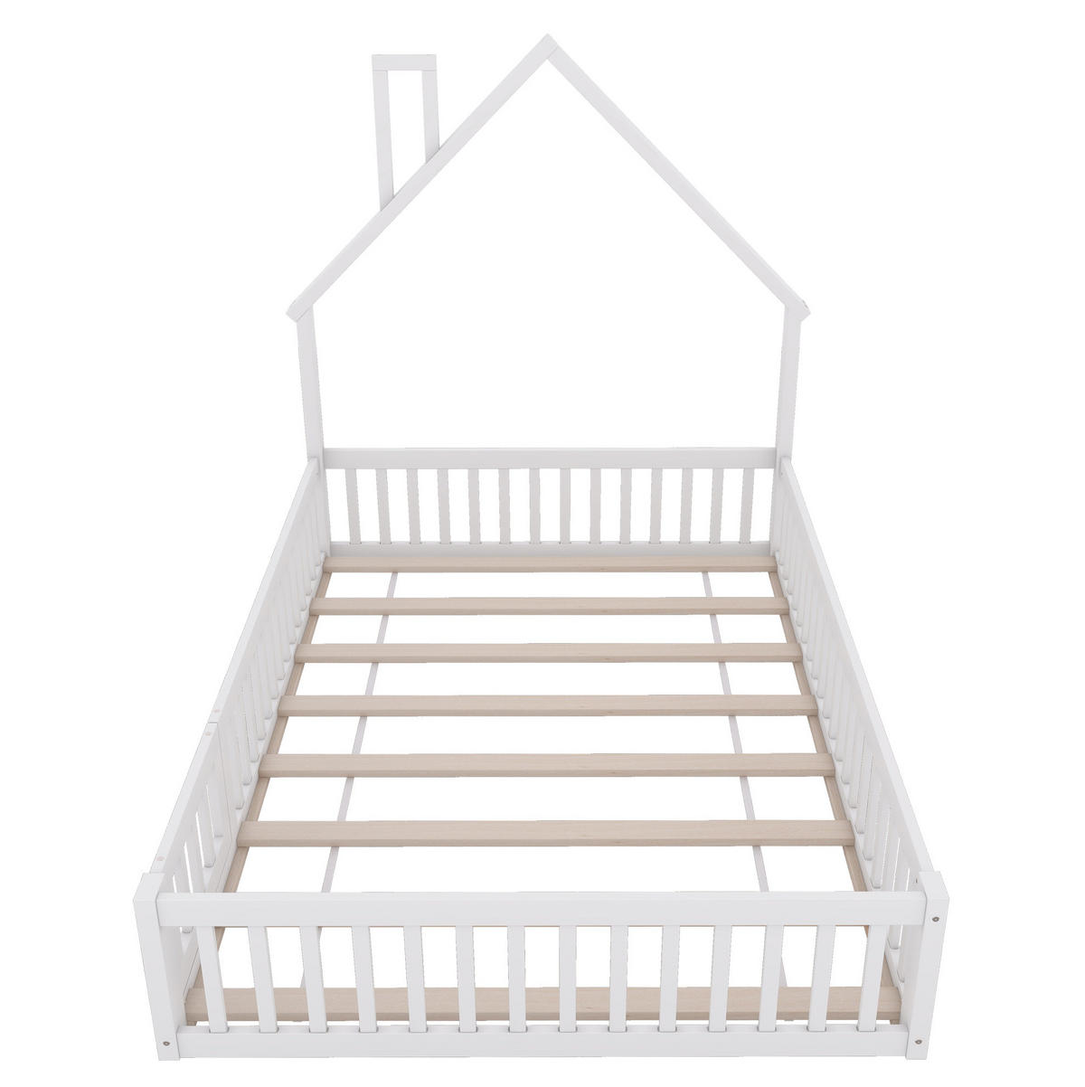 KINDERBETT 140/190 cm in Hausform mit Schornstein und Rundum-Sicherheitsgitter - Weiß, Holzwerkstoff (140/190cm) - BEAOK