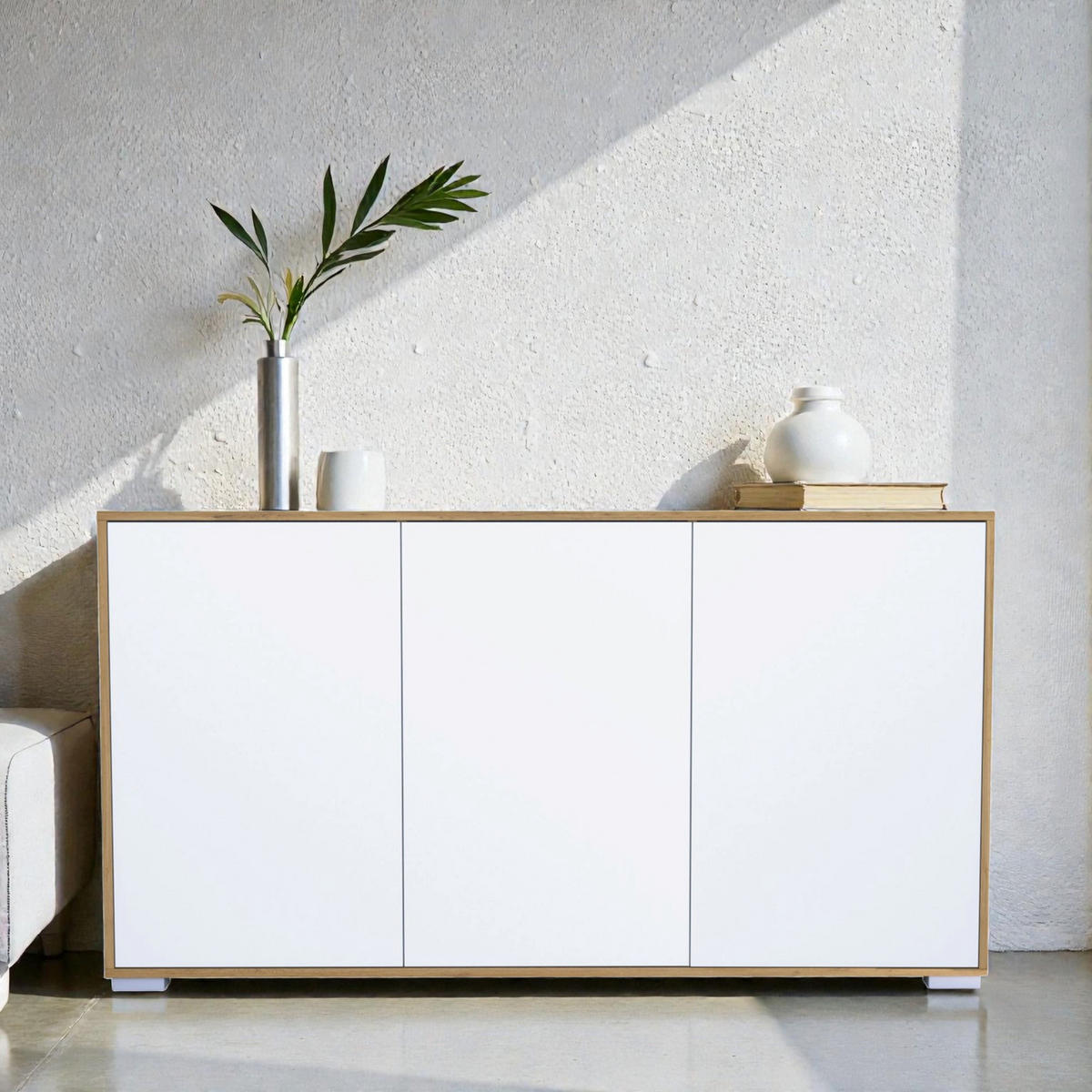 SIDEBOARD Elena, Kommode mit Push-to-Open, Made in Germany, Moderner Schrank, Eiche Evoke/Weiß matt (152,5 x 83 x 37 cm) - Weiß, Holzwerkstoff (152.5/83/37cm) - InnoFurn
