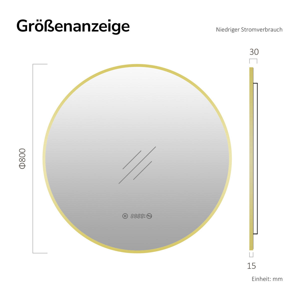 BADSPIEGEL mit LED-Beleuchtung, Anti-Beschlag-Funktion und Uhrzeitanzeige, Goldfarben, Ø 80 cm - Goldfarben, Glas (80/80/3cm) - EMKE
