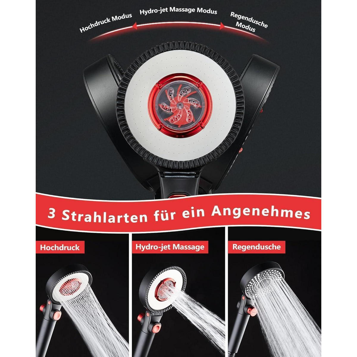 HANDBRAUSE mit Filter 3 Strahlarten Wassersparend 4.5l/min - Schwarz, Kunststoff (8/12.7/26cm)