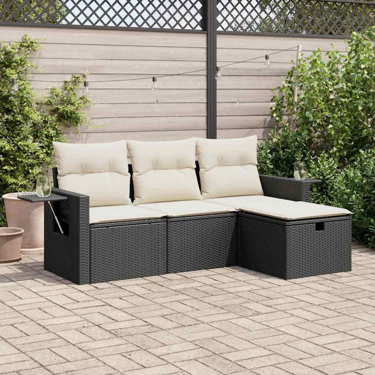 GARTEN-SOFAGARNITUR 4Er Set Mit Kissen Schwarz Poly Rattan - Schwarz, Kunststoff - vidaXL