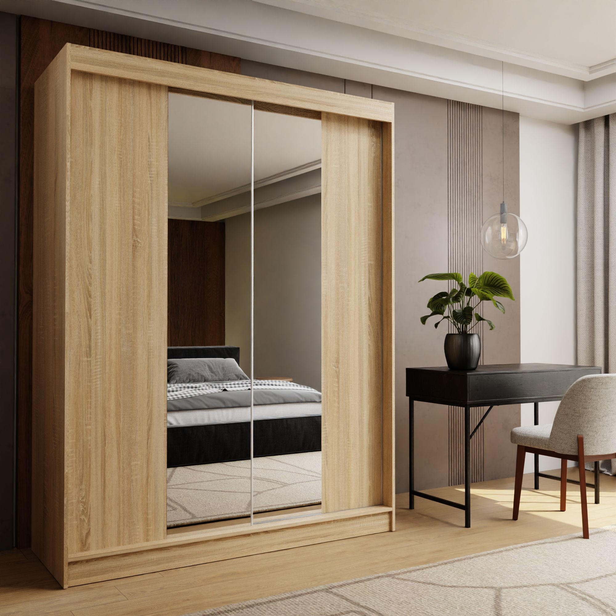 SCHWEBETÜRENSCHRANK LUCENZA 150/216/61 cm 2-türig mit Spiegel Sonoma Eiche - Sonoma Eiche, Holzwerkstoff (150/216/61cm) - MASSENO
