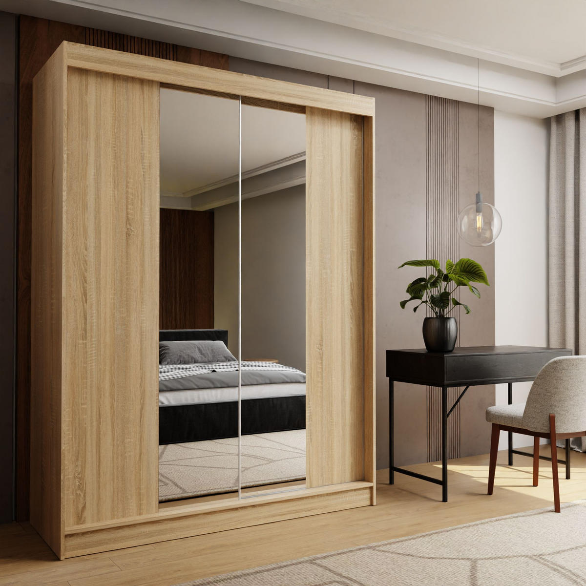 SCHWEBETÜRENSCHRANK LUCENZA 150/216/61 cm 2-türig mit Spiegel Sonoma Eiche - Sonoma Eiche, Holzwerkstoff (150/216/61cm) - MASSENO