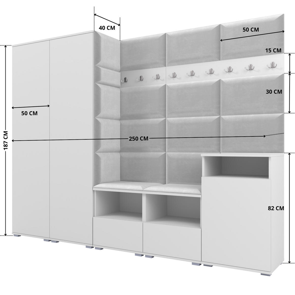 GARDEROBE NELA VIII 250 cm (Modulare Flurmöbel Weiß mit Sitzpolster Hellgrau 32 2 Schränke + Sideboard) - Silberfarben/Hellgrau, Holz/Holzwerkstoff (250/187/40cm) - Ravio