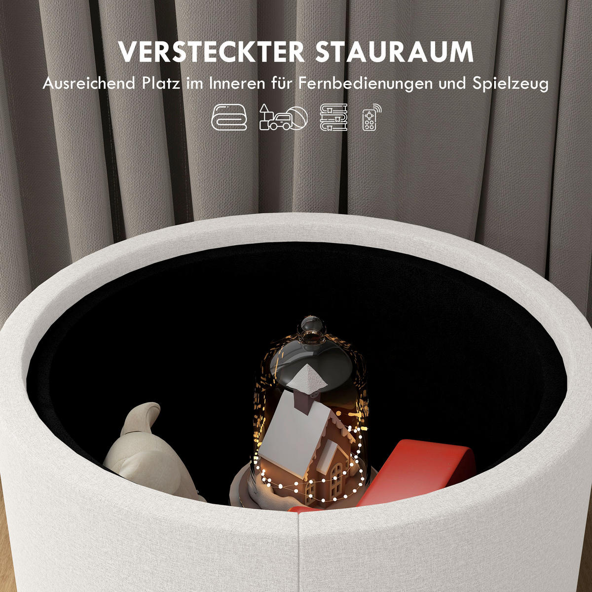 OTTOMANE Runder Sitzhocker Polsterhocker mit Stauraum, Klappdeckel, Creme - Creme, Textil (56/42/56cm) - HOMCOM