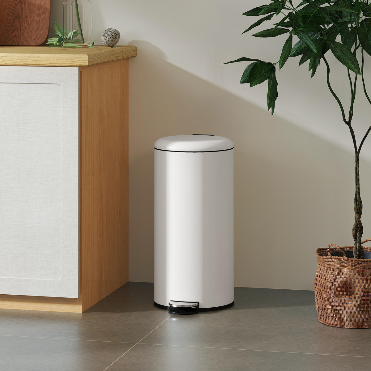 MÜLLEIMER 30L Treteimer mit Deckel Fußpedal Inneneimer, Wohnzimmer Büro Metall - Weiß, Kunststoff (30/63.5/36cm) - HOMCOM