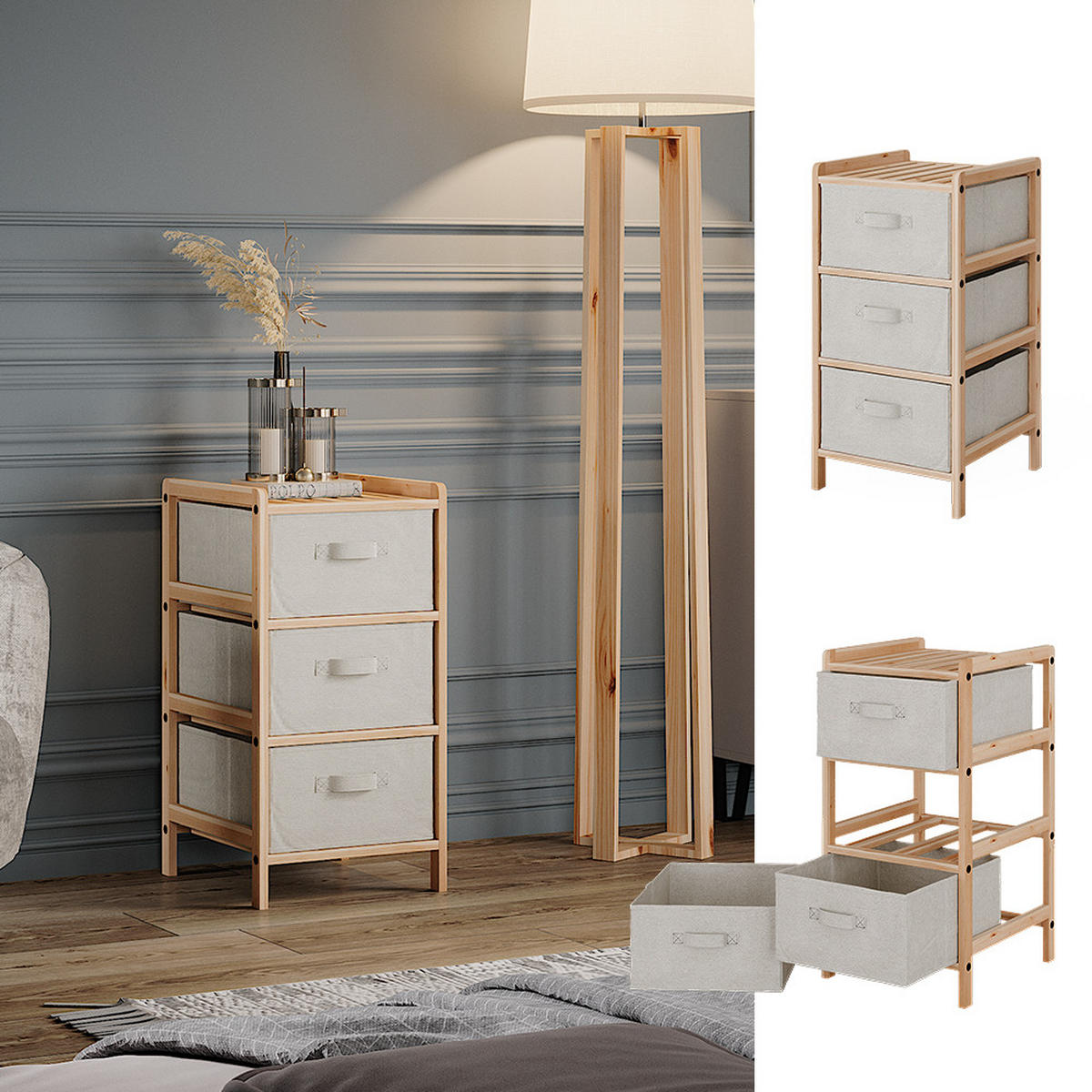 KOMMODE Bruno Beige 34.5 x 67 cm mit 3 Stoffschubladen - Beige/Naturfarben, Holzwerkstoff (34.5/67/36.5cm) - Vicco