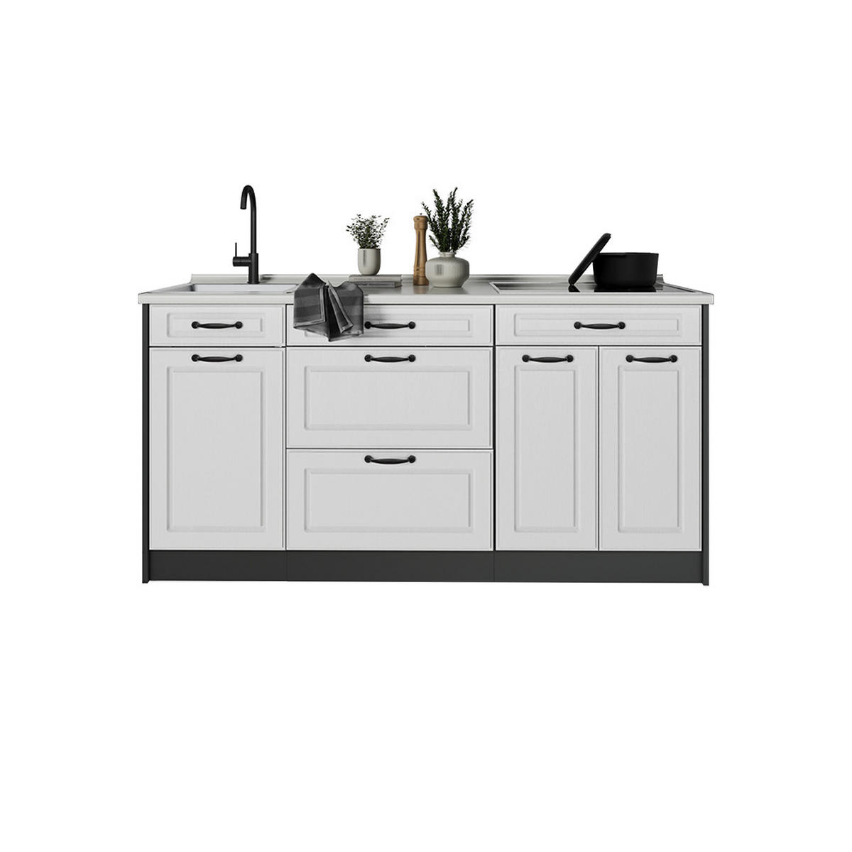 KÜCHENBLOCK R-Line, Weiß Landhaus/Anthrazit, 160 cm Arbeitsplatte Marmor - Anthrazit/Weiß, Holzwerkstoff (160/81.6/60cm) - Vicco