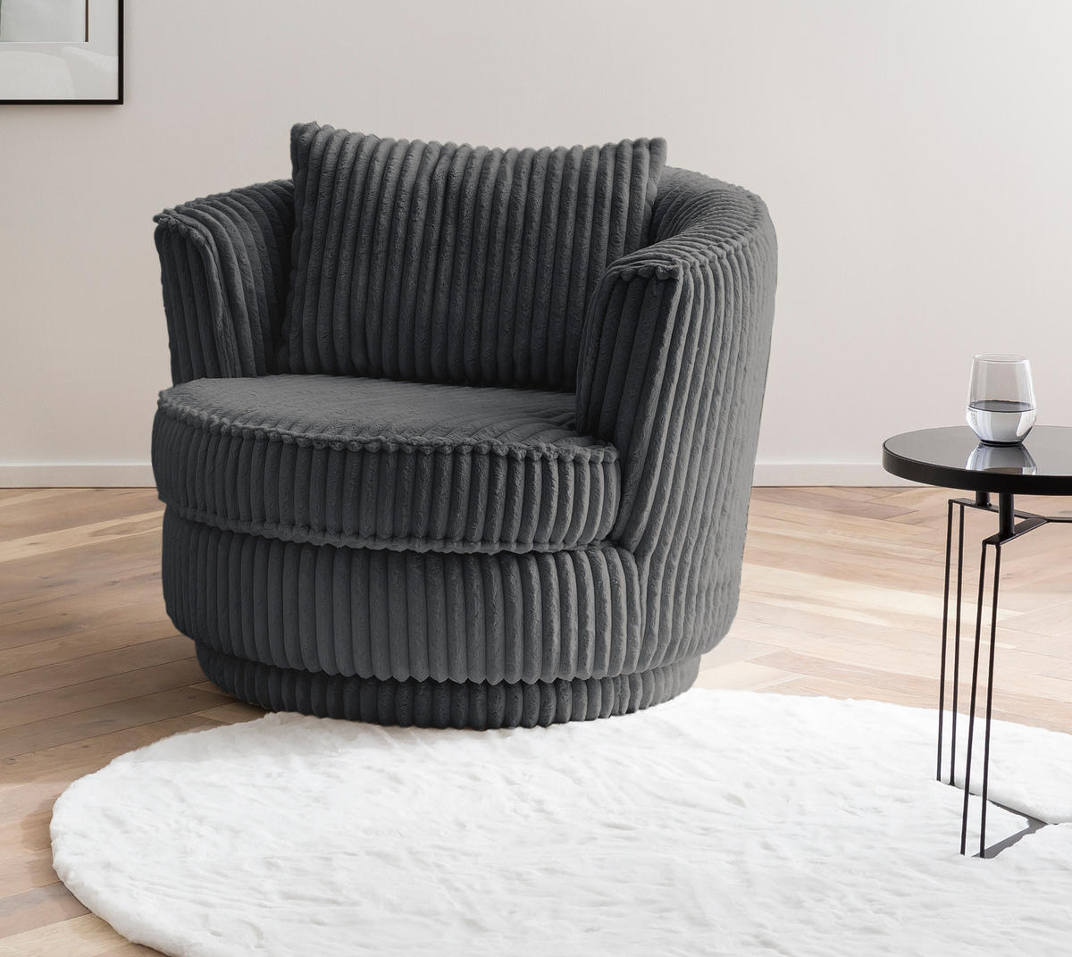 BIG-SESSEL Mega Cord grau Ø 95 cm 360° drehbar, inklusive Kissen - Grau, Holz/Kunststoff (95/77/95cm) - Furn.Design