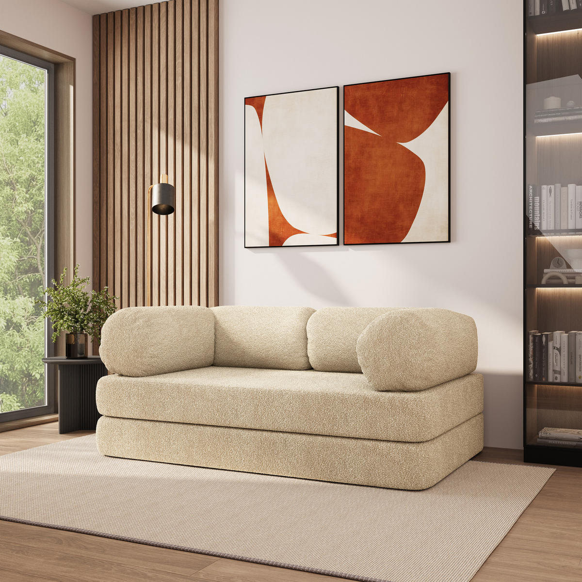 POHOVKA z pěny EIREN s funkcí spaní Buklé látka Krémová - krémová, textil (170/68/80cm) - MASSENO